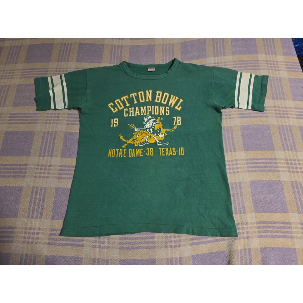 Vintage 70s Champion Notre Dame T Shirt Cotton Bowl Texas NCAA 1978 Blue Bar